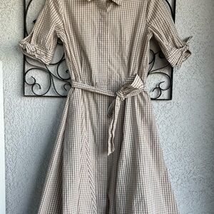 Calvin Klein Tan and White Gingham Tie-Waist Fit & Flare Dress